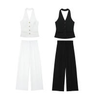 Conjunto De Traje Para Mujer TRAF Con Cuello Colgante Y Chaqueta De Botones Estilo Inglés Pantalones De Cintura Alta Casual - details 7