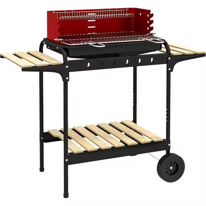 Barbacoa de Carbón con Ruedas Barbacoa Portátil con Parrilla Ajustable en Altura Estantes y 6 Ganchos para Picnic Camping 103x47x95 cm Rojo y Negro - 1