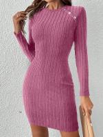 Vestido De Punto De Manga Larga Con Cierres En Los Hombros Y Cuello Redondo De Color Sólido Para Mujer Estilo Casual De Temporada Otoño/ Invierno - details 3