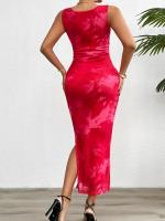 Vestido Slimming Sin Mangas Estampado De Moda Para Mujer Primavera Verano 2024 Cuello Redondo Con Rotura A-Line De Pierna Larga Estilo Playa - details 16