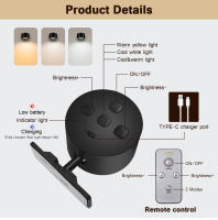 Luz De Lectura LED Con Control Remoto Y Rotación De 360° Luz Nocturna Montada En La Pared De 3 Temperaturas De Color Y 3 Niveles De Brillo Recargable - details 3