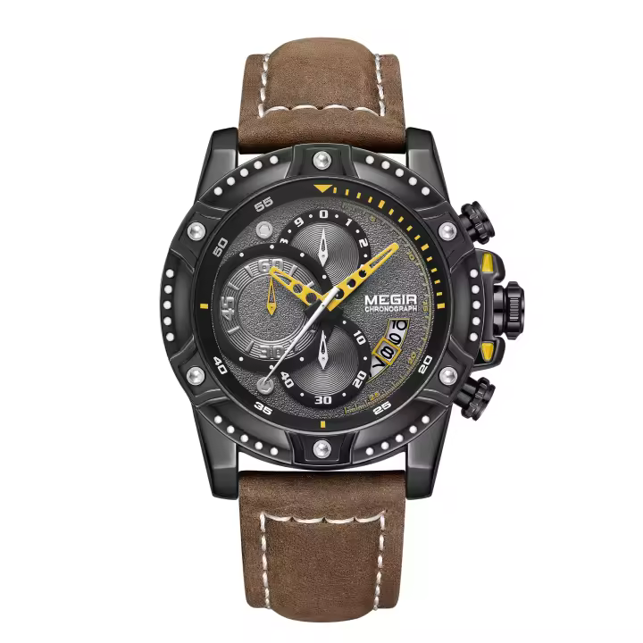 Reloj De Hombre MEGIR Moda Cronógrafo Cinta De Cuero Casual Resistantes Al Agua Reloj De Pulsera De Cuarzo Para Deporte Y Uso Diario - 1