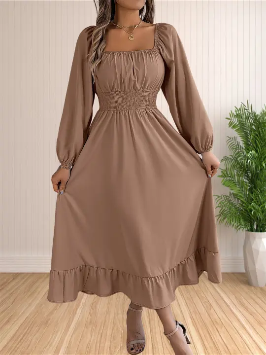 Vestido Largo Elegante De Verano Con Cuello Cuadrado Y Volantes En Cintura Alta Para Mujer Vestido De Mujer De Polyester A-Line Casual De Medio Tamaño - 1
