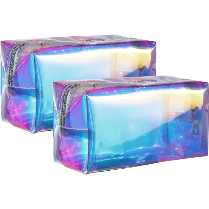 Bolsa de maquillaje holográfico transparente con diseño de Arcoíris, paquete de 2, Bolsa de artículos de maquillaje para Cosméticos, impermeable, portátil, Delgada - 1
