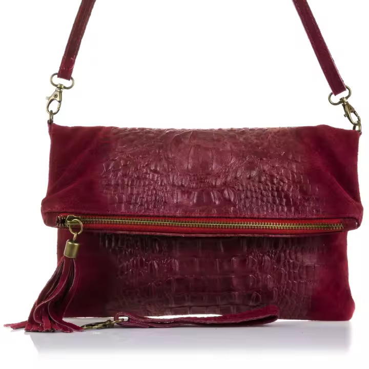 FIRENZE ARTEGIANI Mantova Bolso bandolera Mujer.Piel auténtica Gamuza Grabado Cocodrilo  Fabricado en Italia 27x5x18 Cm. Color: Granate Oscuro - 1