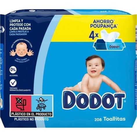 Dodot Toallitas Bebé Seco, Pack de 208 Toallitas (4 Paquetes de 52 Toallitas), Recupera el pH de la Piel del Bebé.