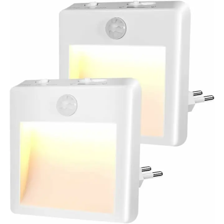 Luz de noche con enchufe - Luz de noche infantil con sensor de movimiento - Brillo ajustable, luz de noche LED (blanco cálido/frío ajustable), lámpara de noche lista para usar para habitación de bebé, cocina y pasillo - Paquete de 2 - 1