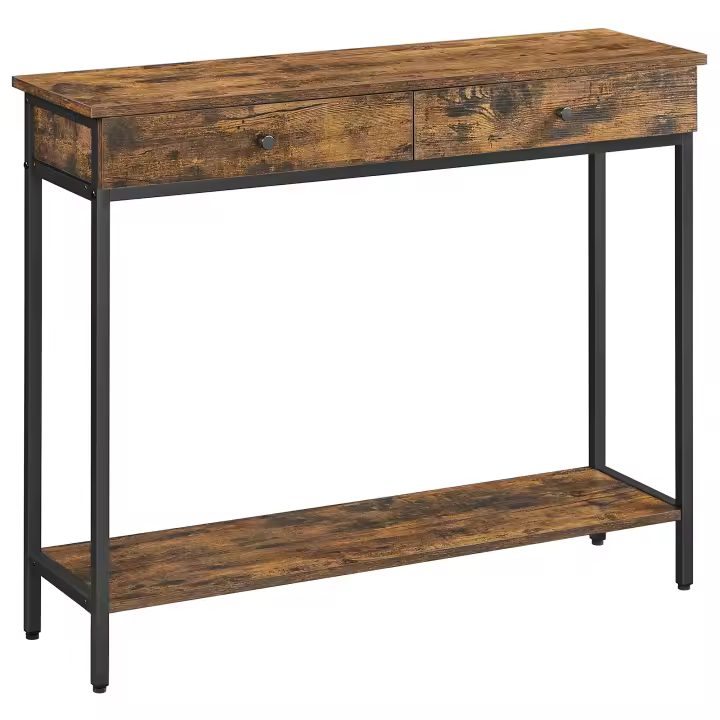 VASAGLE Mesa de Consola, Mesa de Entrada, Mesa de Centro con 2 cajones, Marco de Acero, Estable, para Pasillo, Dormitorio, Sala de Estar, Estilo Industrial, marrón rústico y Negro - 1