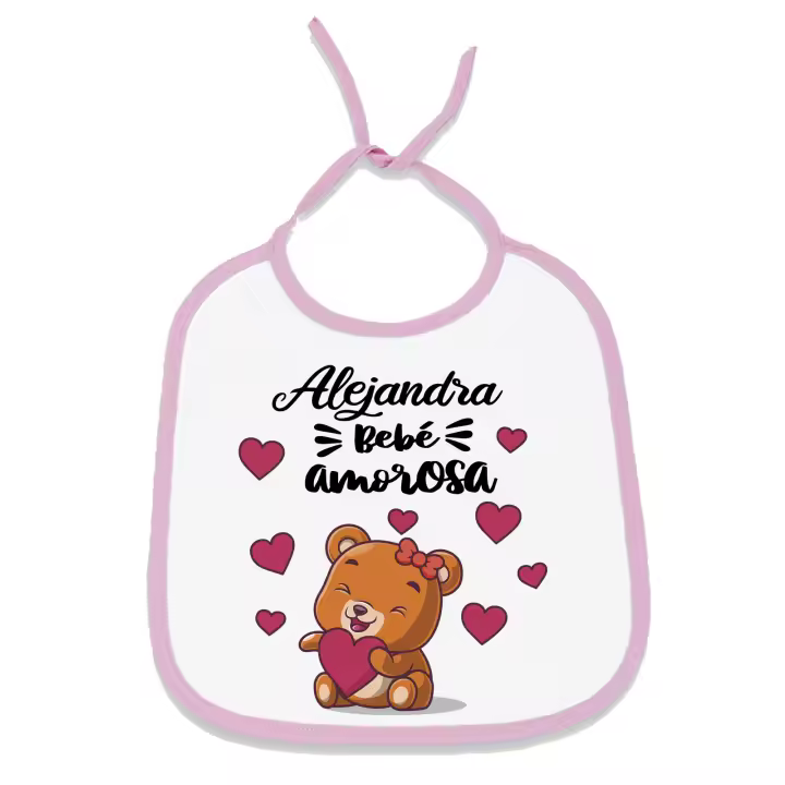 Babero personalizado oso amoroso con el nombre de tu bebé. Regalo original personalizado para tu bebé. Medidas 24 x 29 cm. - 1