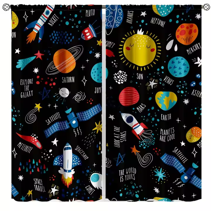 2Pcs Cortinas De Ventana Tema Galaxia Y Planetas Espacial Para Dormitorio Y Sala De Juegos Con Bolsillos Para Percha Modernas Y Translúcidas De Poliéster - 1