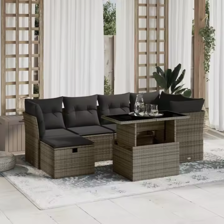 vidaXL Set de sofás de jardín 7 pzas con cojines ratán sintético gris - 1