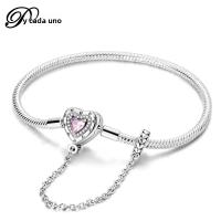 Pulsera De Corazón Rosado En Plata De Ley 925 Con Cadena De Seguridad Estrellada Y Luna Cadena De Serpiente Adecuada Para DIY Joyería Con Encantos Y Cuentas Para Mujer - details 0