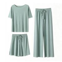 Conjunto De Pijamas Para Mujer De Seda Hielo 3 Piezas Camiseta Y Shorts Casual Cómodo Verano Otoño Estilo Básico Color Sólido Talla Grande - details 6