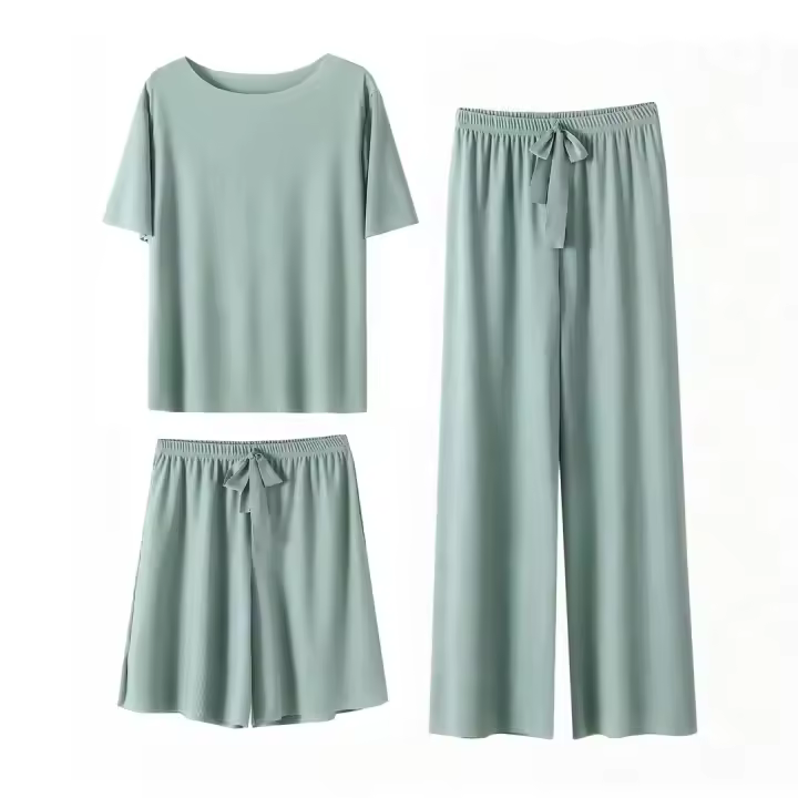 Conjunto De Pijamas Para Mujer De Seda Hielo 3 Piezas Camiseta Y Shorts Casual Cómodo Verano Otoño Estilo Básico Color Sólido Talla Grande - 1