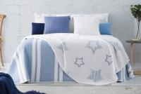 Manterol Outlet - Colcha bouti reversible estampado rayas y estrellas azul celeste y blanco con fundas de cojín. Cubrecama ideal para primavera, verano y entretiempo. Colcha fina, extra suave y ligera. - details 0