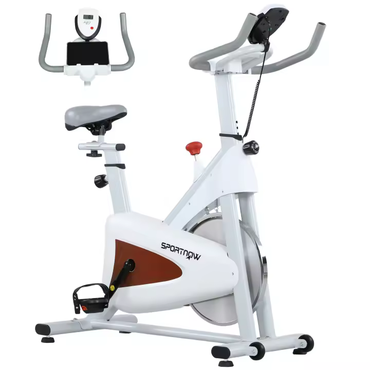 SPORTNOW Bicicleta estática silenciosa con sillín ajustable y resistencia, monitor LCD, soporte para tableta, bicicleta estática para interiores para entrenamiento cardiovascular en casa, color blanco - 1