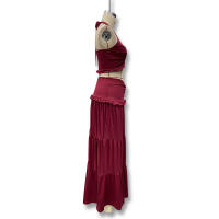 Conjunto Elegante De 2 Piezas Para Mujer Halter Sin Espalda Camisola De Cintura Elástica Con Volantes + Falda Larga De Encaje Sólida Vestido De Noche Para Fiesta Y Vacaciones En La Calle - details 12