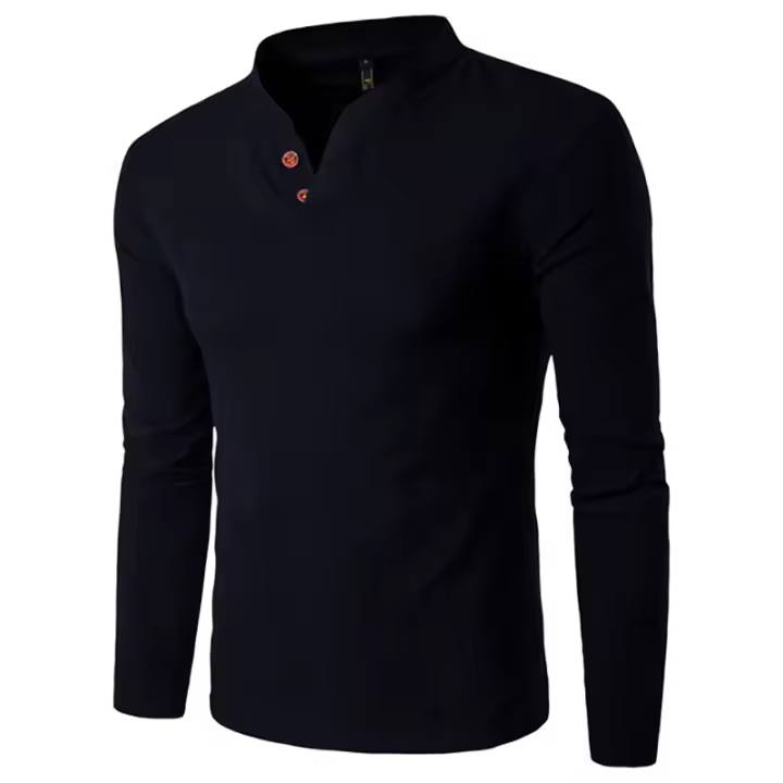 Camisa Polo Para Hombre Verano 2023 Nueva Moda V-neck Casual Solida Con Botones Personalizados Camiseta De Poliéster Manga Larga - 1