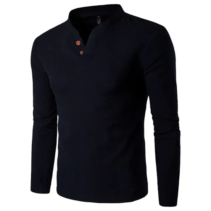 Camisa Polo Para Hombre Verano 2023 Nueva Moda V-neck Casual Solida Con Botones Personalizados Camiseta De Poliéster Manga Larga - 1