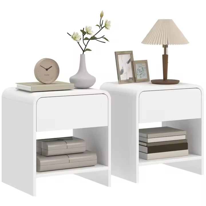 HOMCOM Juego de 2 Mesitas de Noche Nórdicas, Mesillas de Noche con Esquinas Redondeadas, Cajón y Estante Abierto, Mesita Auxiliar para Salón, Dormitorio, 40x35x45 cm, Blanco - 1