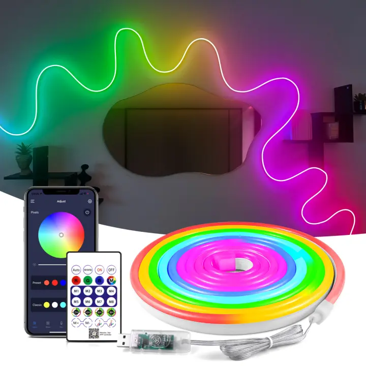 Tira De Luces LED Neón RGBIC DC5V USB 5M WS2812 Impermeable Con Control Remoto Bluetooth Para Decoración De Pared Y Habitación Luz Faeira - 1