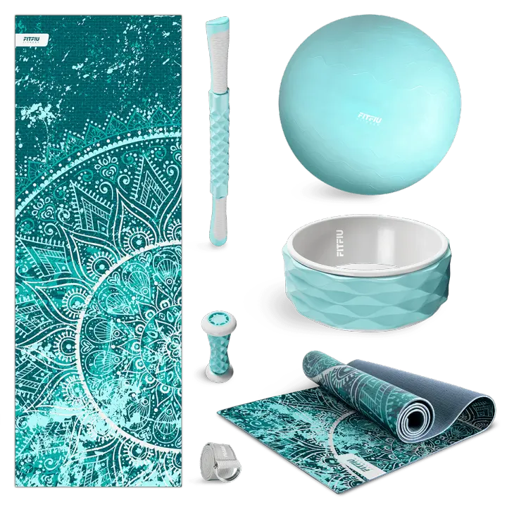 Fitfiu Fitness KITWELL-600 - Pack de 6 Accesorios Yoga Pilates Color Lila Que Incluye Esterilla, Pelota, Rueda, masajeador de pie, Barra de Masaje y Correa de Yoga - 1