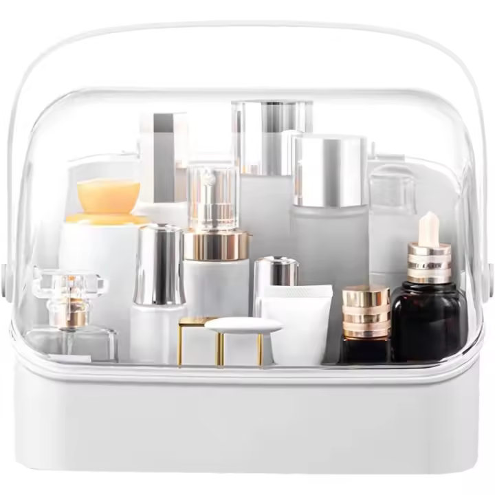 Organizador de maquillaje, tocador transparente, caja de almacenamiento de cosméticos para el cuido de la cubierta con tapa abatible transparente para tocador y baño, a prueba de Polvo E - 1
