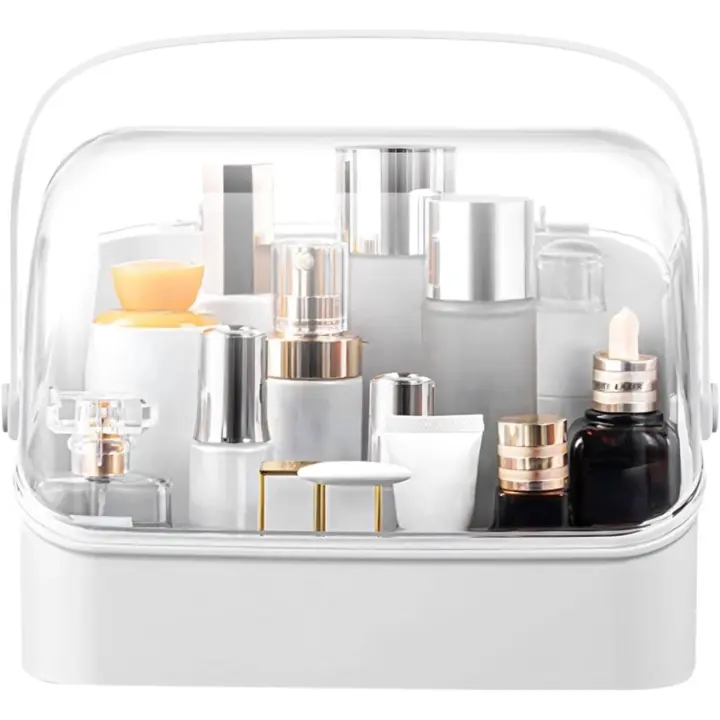 Organizador de maquillaje, tocador transparente, caja de almacenamiento de cosméticos para el cuido de la cubierta con tapa abatible transparente para tocador y baño, a prueba de Polvo E - 1