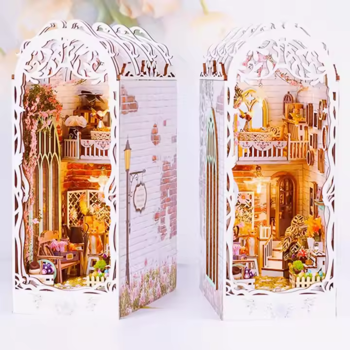 Kit de esquina para libros de bricolaje, casa de jardín en miniatura, rompecabezas de esquina para libros de madera 3D, regalos de cumpleaños para adolescentes y adultos, regalos del día de San Valentín (sujetalibros para habitación de flores) - 1