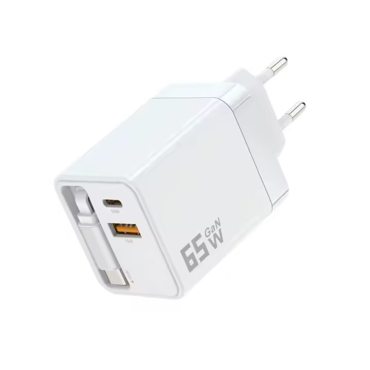 Cargador rápido con cable retráctil de 65 W, cable retráctil multifunción A+C, conector USB C de 2 puertos - 1