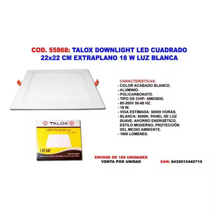 Talox downlight led cuadrado 22 x 22 extraplano 18 w luz blanca - 1
