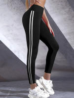 Leggings Deportivos De Ajuste Slim Para Mujer Con Rayas Lateral Alto Cintura Cómodos Para Fitness Y Uso Diario Talla Verdadera - details 2