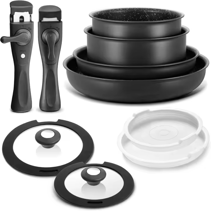 Juego de utensilios de cocina de inducción de 10 piezas, juego de ollas y sartenes antiadherentes con asas extraíbles, para todas las cocinas, diseño apilable, apto para lavavajillas y horno - 1
