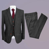 Traje Gris Rayado Para Hombre Slim Fit Formal Tuxedo Tweed De Lana Invierno 3 Piezas Boda Traje Masculino (Chaleco+Pantalones+Chaleco) - details 1