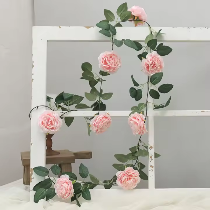 Guirnalda De Flores De Peonía Rosa Artificial En Seda Grandes Con Trepadoras De Hiedra Y Rattan Para Decoración De Paredes En Bodas Y Fiestas En Jardín Interior - 1