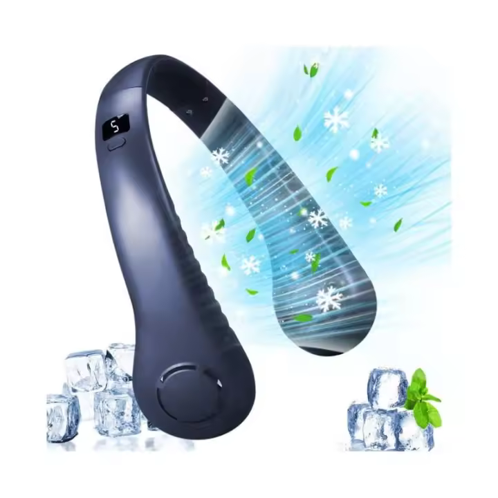 Ventilador portátil sin cuello con cuchilla azul, pantalla digital de 5 velocidades, gran capacidad de 3000 mAh, ventilador de bolsillo pequeño recargable por USB - 1
