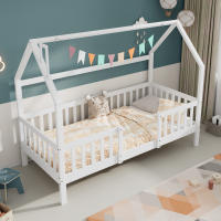 Cama de Cabaña Infantil con Diseño de Chimenea Decorativo 90x200 cm - Pino Natural Robust, Marco Estructural de Listones de Madera, Color Blanco Luminoso (Sin Colchón) - details 1