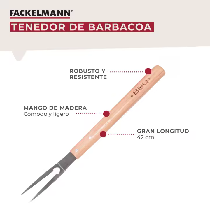 Fackelmann Tenedor de Barbacoa, Parte funcional en Acero Inoxidable y Mango de Madera, adecuado  para Asar, Hornear y Trinchar Carne, 42 cm de largo, 1 ud - 1
