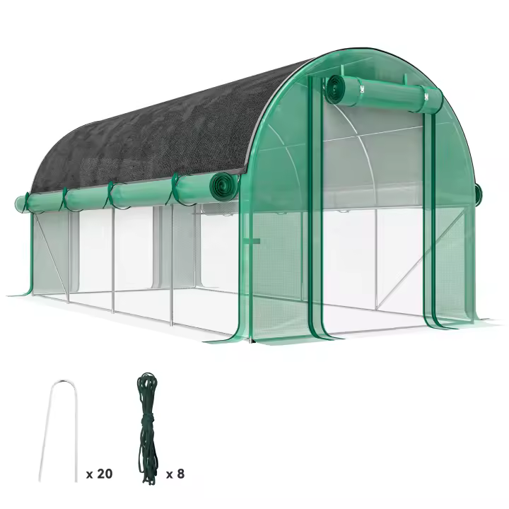 Outsunny Invernadero de Exterior 4,5x2x2 m Invernadero de Túnel con Paredes Laterales Enrollables Cubierta Extra 8 Ventanas de Malla y 2 Puertas Enrollables Invernadero para Jardín Patio Verde - 1