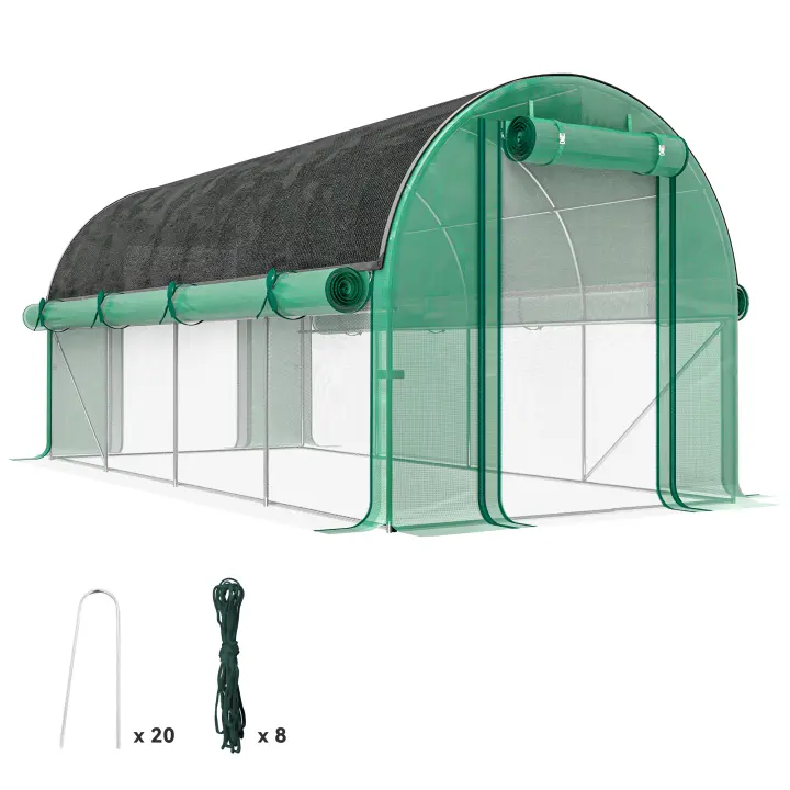 Outsunny Invernadero de Exterior 4,5x2x2 m Invernadero de Túnel con Paredes Laterales Enrollables Cubierta Extra 8 Ventanas de Malla y 2 Puertas Enrollables Invernadero para Jardín Patio Verde - 1
