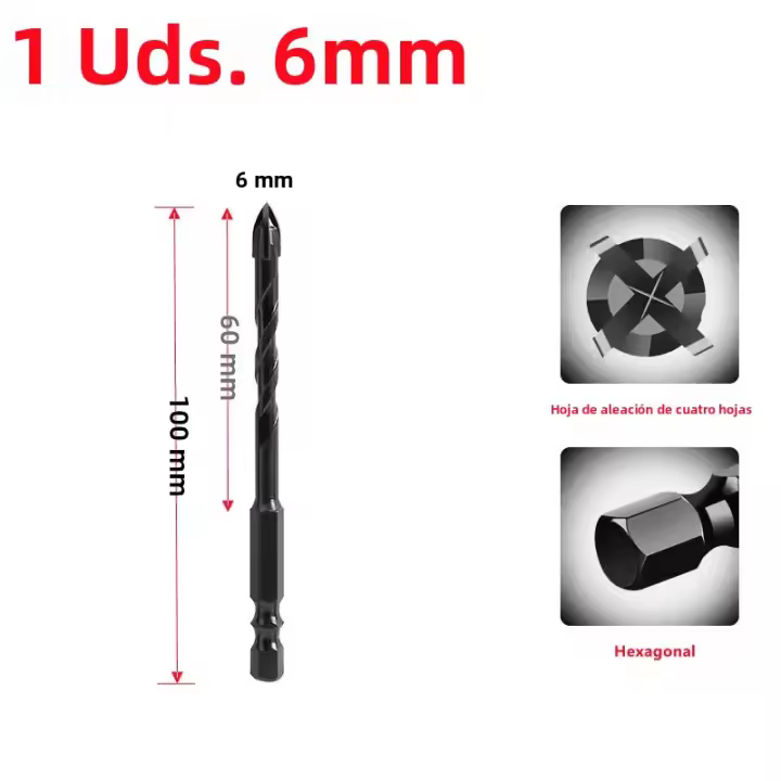 Juego De Brocas Hexagonales Para Cerámica Y Vidrio De Carburo De Tungsteno De Aleación Dura Para Abertura De Agujeros Herramientas De 3-4-5-6-8-10-12mm - 1