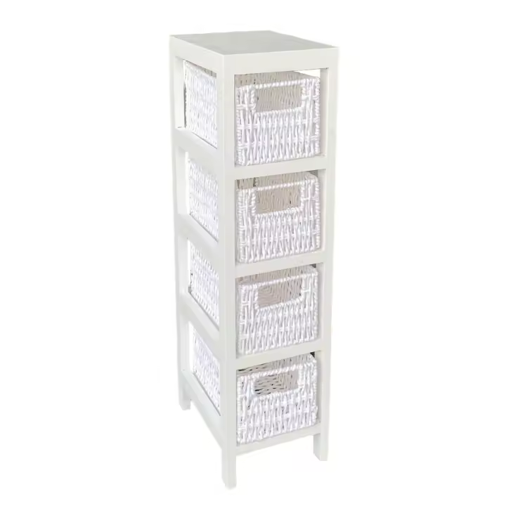 Maxia Market - Mueble Sinfonier Cajonera MDF / Paulwonia Con 4 Cestas Trenzada - Color Blanco, Muebledealmacenajecon4cestas, Mesillas de noche, Muebles de dormitorio o Baño - 1