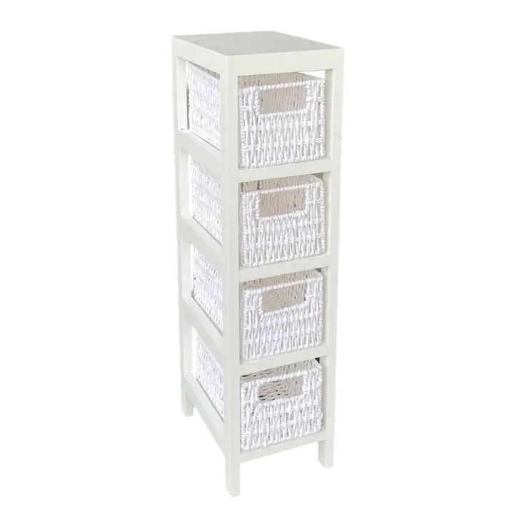 Maxia Market - Mueble Sinfonier Cajonera MDF / Paulwonia Con 4 Cestas Trenzada - Color Blanco, Muebledealmacenajecon4cestas, Mesillas de noche, Muebles de dormitorio o Baño - 1