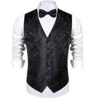 Chaleco Formal Para Hombre Negro Con Paisley Cuello Con Corbata Lazo Handkerchief Cufflinks Para Boda Prom Tuxedo Vestido De Noche - details 5
