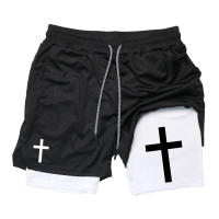Shorts De Entrenamiento Para Hombre Con Gráfico De Cruz 2 En 1 Running Performance Con Bolsillo Para Teléfono Y Anillo De Toalla Active Wear Polyester - details 9