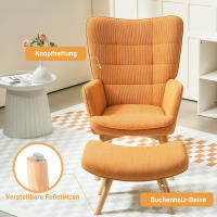 Sillón con taburete, Sillón con respaldo, de Madera patias, chaise longue de Diseño empenachado, efecto Pana, Salón, Marron - details 5