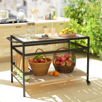 Outsunny Camarera con Ruedas de Madera Carro de Servicio con Encimera de Listones 2 Estantes 3 Ganchos y Asa para Jardín Terraza Patio 107x65x80 cm Natural - details 3