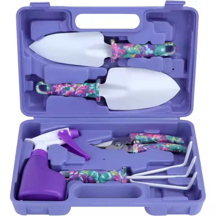 Juego de trabajo de jardinería con mango floral ergonómico de color morado, juego de jardinería y plantación y caja de almacenamiento para entusiastas de la jardinería. - 1