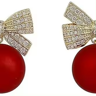 Pendientes de lazo rosa con perla y diamantes de imitación - Exquisitos microincrustaciones de circonita con perla roja para mujer - Pendientes navideños de aleación modernos y versátiles - 1