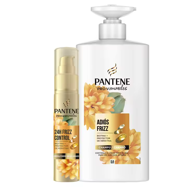 Pantene Pro-V Miracles Frizz Control Champú con Biotina y Complejo de Keratina Para Pelo Seco y Dañado + Pantene Frizz Control Sérum con Biotina y Keratina. Tratamiento Acondicionador Sin Aclarado 500+70ml - 1
